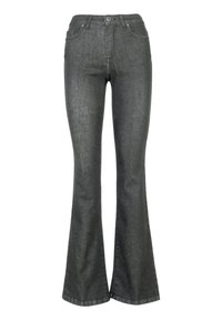 Flared black denim jeans with a high waist, five-pocket design, subtle fading, and contrasting stitching along the seams.
