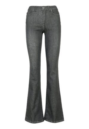 Rozšířené černé džíny z denimu s vysokým pasem, designem se pěti kapsami, jemným zmizením a kontrastním šitím podél švů.