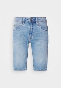 Shorts en denim bleu clair avec bouton frontal, fermeture éclair, passants pour ceinture et poches avant, présentés sur un fond blanc.