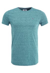 Teal heathered cotton t-shirt with short sleeves and round neck. Features a small logo on the chest and a soft texture.