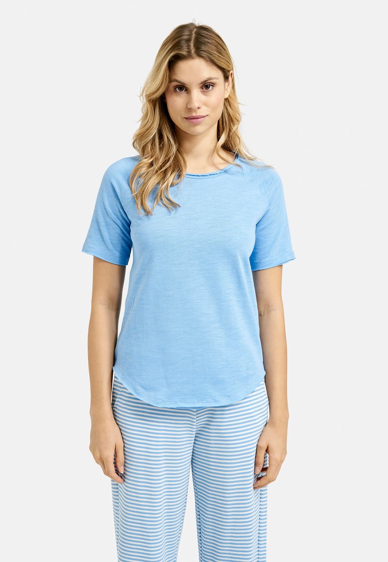 Light blue short-sleeve top with a round neckline, made from a soft fabric. Paired with light blue and white striped pants.
