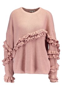 Różowy sweter z dzianiny z falbankami na ramionach i rękawach, o luźnym kroju i okrągłym dekolcie. Teksturowana tkanina.