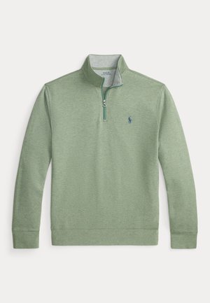 Zelený pulóver s dlhým rukávom, štvrťzipsom, stojačikom a malým vyšívaným tmavomodrým logom Polo na ľavej strane hrudníka.