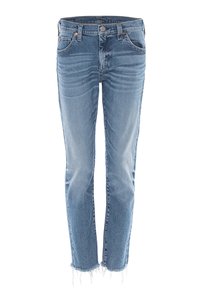Niebieskie dżinsy z dopasowanym krojem, z postrzępionym dołem i pięcioma kieszeniami. Posiadają zapięcie na guzik i suwak oraz klasyczne pranie.