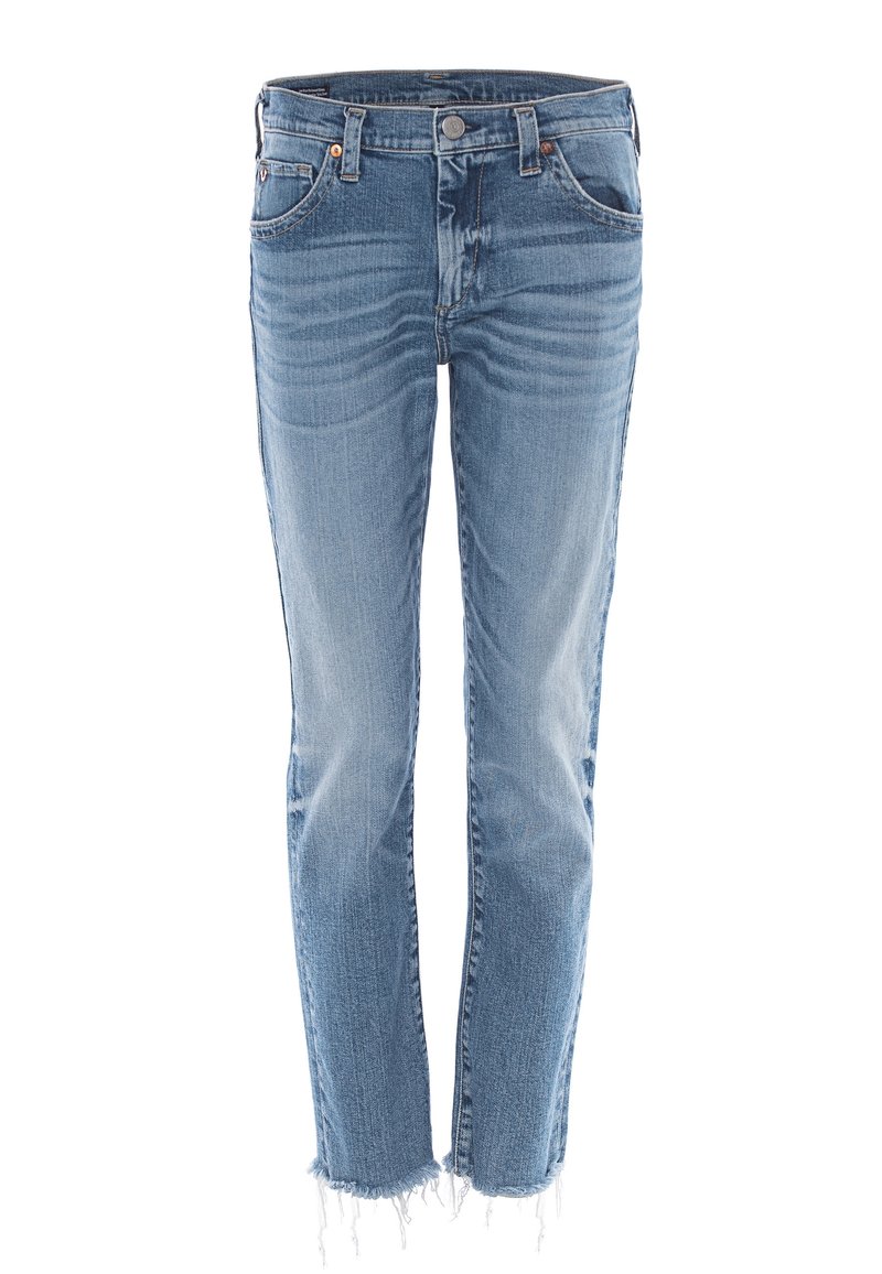 Niebieskie dżinsy z dopasowanym krojem, z postrzępionym dołem i pięcioma kieszeniami. Posiadają zapięcie na guzik i suwak oraz klasyczne pranie.