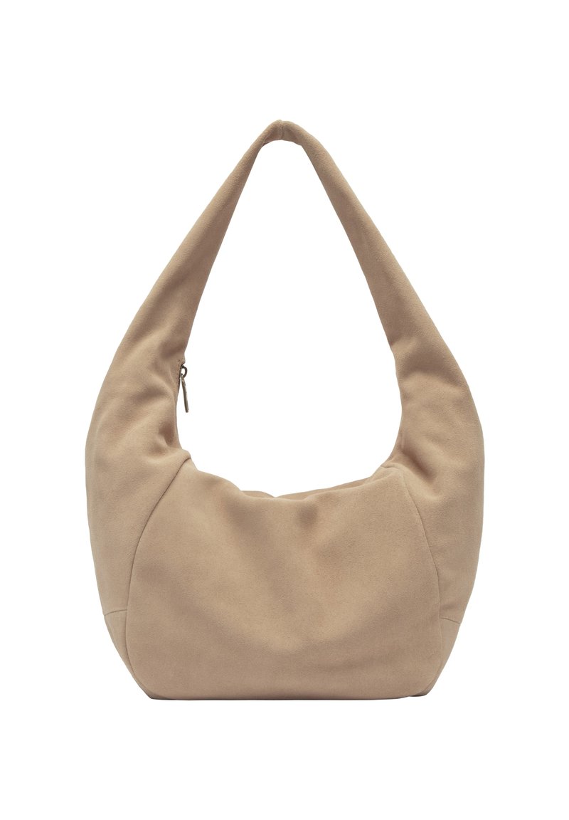 Sac en tissu beige à forme arrondie, avec une seule longue anse et une fermeture éclair. Texture douce et design minimaliste.