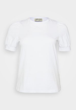 Camiseta branca de mangas curtas feita de algodão, com decote redondo e mangas bufantes com punhos elásticos. Design simples e clássico.