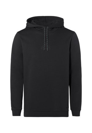 Zwarte hoodie van zacht stof, met een trekkoord in de capuchon, geribbelde manchetten en een subtiel logo op de voorkant. Gladde textuur zonder patronen.