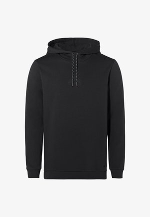 Zwarte hoodie van zacht stof, met een trekkoord in de capuchon, geribbelde manchetten en een subtiel logo op de voorkant. Gladde textuur zonder patronen.