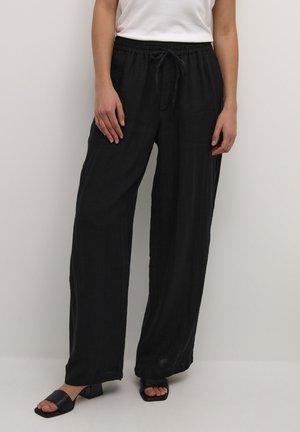 Black linen wide-leg pants with an elastic waistband and a drawstring. The fabric has a subtle texture and the pants feature side pockets.