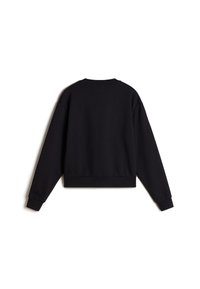 Pull noir, en mélange de coton, design col rond, manches longues avec poignets côtelés et ourlet côtelé. Texture lisse, finition en couleur unie.