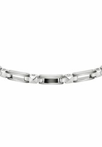 Bracciale in argento con anelli rettangolari e quadrati alternati, caratterizzato da una finitura lucida e da un accento centrale di materiale nero.
