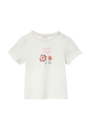 Witte katoenen t-shirt met korte mouwen, ronde hals en bloemenbroderie met de tekst "Groeien als een Bloem" in roze tinten.