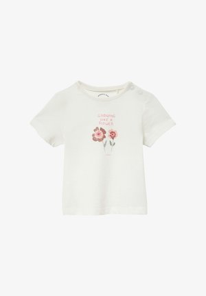 Witte katoenen t-shirt met korte mouwen, ronde hals en bloemenbroderie met de tekst "Groeien als een Bloem" in roze tinten.