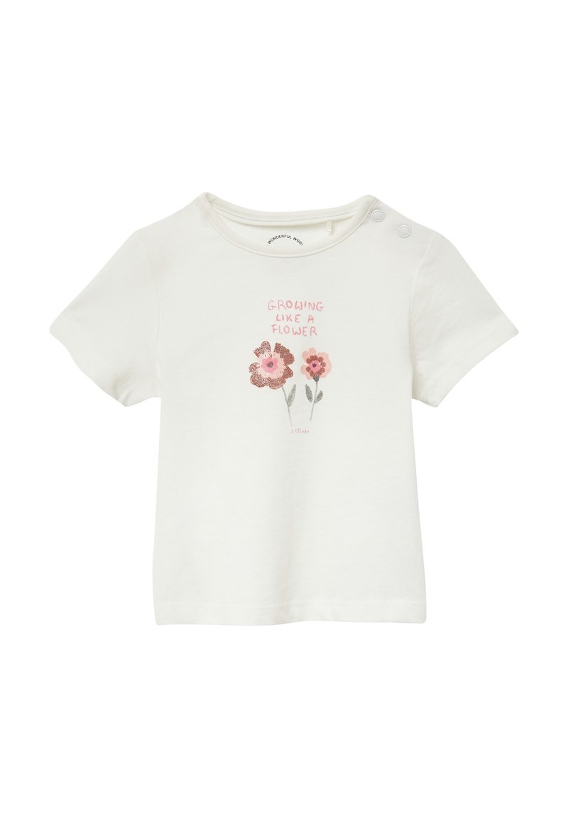Weißes Baumwoll-T-Shirt mit kurzen Ärmeln, Rundhalsausschnitt und floralem Stickdesign mit dem Text "Wachsen wie eine Blume" in Rosatönen.