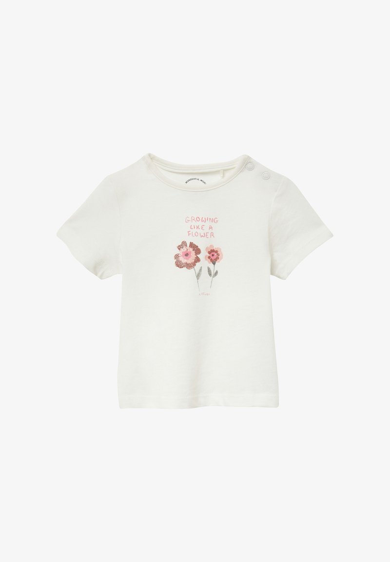 Witte katoenen t-shirt met korte mouwen, ronde hals en bloemenbroderie met de tekst "Groeien als een Bloem" in roze tinten.