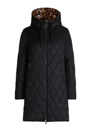 Manteau matelassé noir avec capuche, doté d'une doublure imprimée léopard, de deux poches zippées et de réglages à cordon au niveau de la capuche.