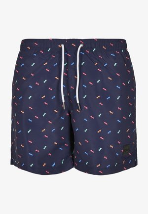 Sötétkék anyagú fürdőnadrág, sima textúrával, ismétlődő színes napszemüveg mintával. Beleértve egy húzózsinóros derékbőséget és logó foltot.