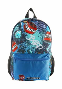 Mochila con un diseño azul y negro que presenta gráficos de Minecraft, material texturizado y un bolsillo frontal con cremallera. Accentuada con elementos del juego.