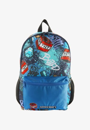 Backpack featuring a blue and black design with Minecraft graphics, textured material, and a front zippered pocket. Accented with game elements.