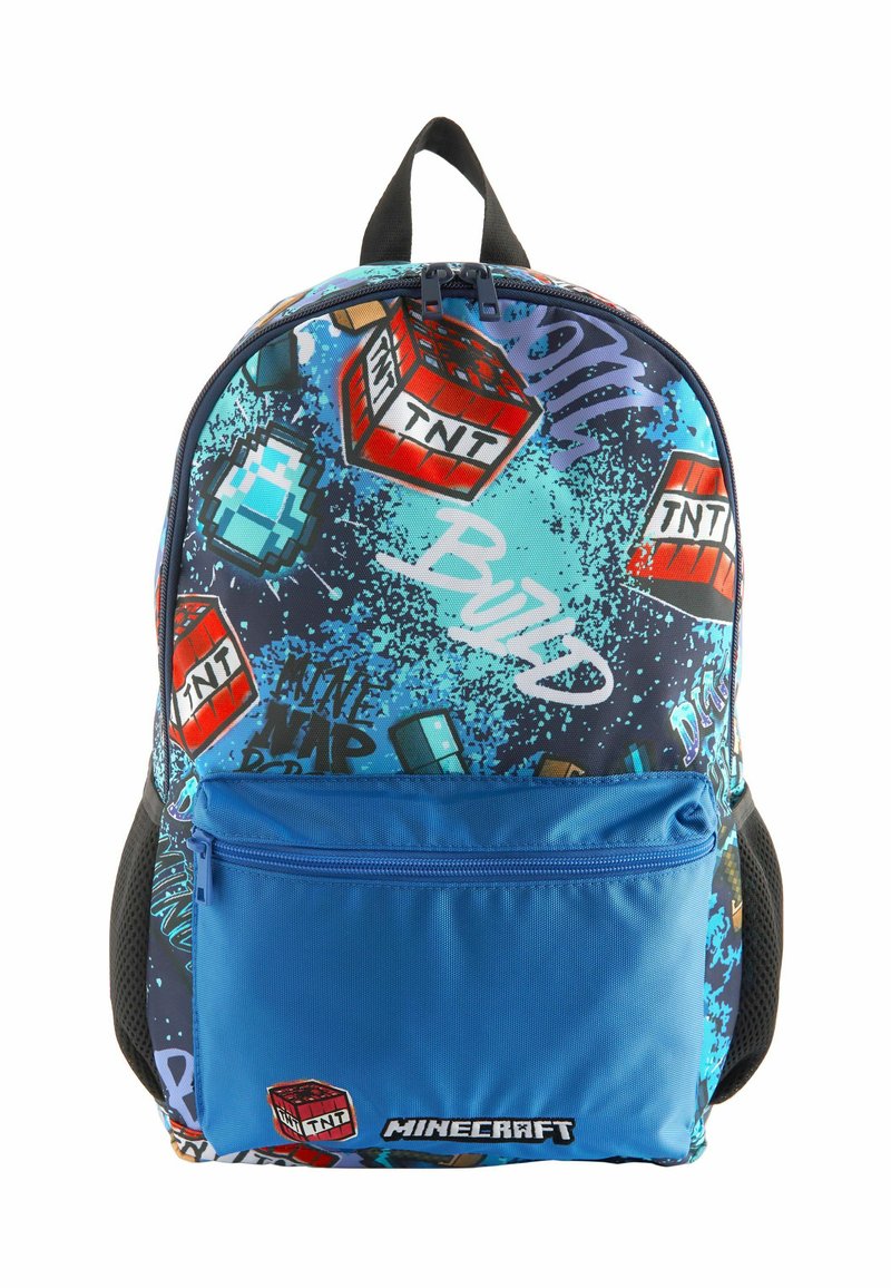 Mochila con un diseño azul y negro que presenta gráficos de Minecraft, material texturizado y un bolsillo frontal con cremallera. Accentuada con elementos del juego.