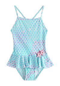 Maillot de bain bleu clair avec un motif écaillé en rose et violet, doté d'une bordure froncée et d'un accent décoratif en forme d'étoile sur le côté.