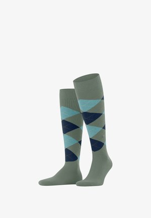 Kniesokken in olijfgroen, met een ruitpatroon in lichtblauw en marineblauw. Gemaakt van een gemêleerde, elastische stof voor comfortabel wear.