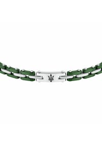 Grönt metallarmband med silverdetaljer, med länkar och ett centralt emblem. Slät textur med en modern design.