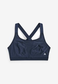 Marine sportbeha met kruisbanden, gemaakt van zachte, rekbare stof. Bevat gevormde cups en een klein logo aan de linkeronderkant.