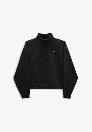 Czarny polarowy pulower z wysokim kołnierzem i półzamkiem. Ma ściągacz na dole, długie rękawy i małe logo na piersi.