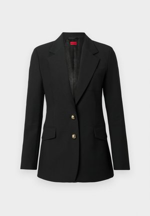 Black blazer with a tailored fit, single-breasted design, gold button accents, two front pockets, and a notched lapel. Smooth fabric texture.