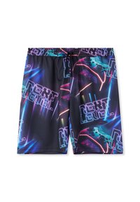 Pantaloncini da bagno neri con un motivo grafico colorato di un controller di gioco e la scritta "NEXT LEVEL", dotati di vita regolabile con cordoncino e texture liscia.