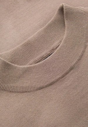 Pull beige avec un col rond côtelé. Fabriqué en un tissu tricoté doux et texturé, il présente un corps lisse et des détails de couture subtils.