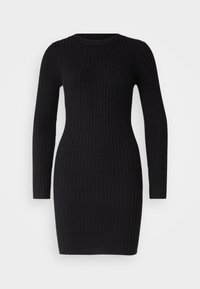 Svart ribbat stickat klänning med långa ärmar, rundad halsringning och en figursydd silhuett som smalnar av vid midjan.