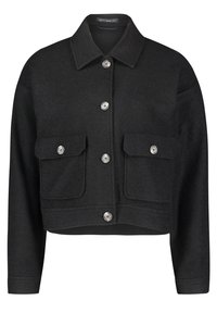 Černá zkrácená vlna bunda s velkým límcem, zapínání na knoflíky a dvěma kapsami na knoflíky na hrudi.