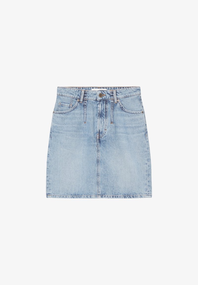 Jupe en jean bleu clair avec poches avant, passants de ceinture et fermeture par bouton à la taille.