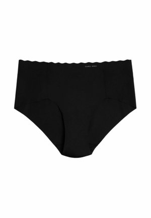 Braguita negra de talle alto hecha de tela suave, con una cinturilla con bordes ondulados y diseño sin costuras para mayor comodidad y un ajuste suave.