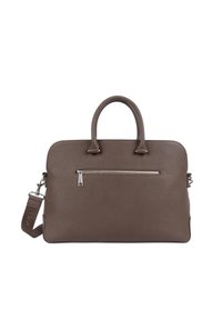 Borsa in pelle marrone con finitura texture, manici doppi e tracolla rimovibile. Presenta una tasca frontale con zip e dettagli in metallo argento.