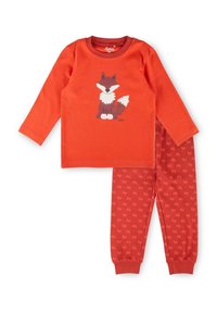 Langärmliges, oranges Oberteil für Kinder mit Fuchs-Grafik, kombiniert mit passenden orangen Hosen, die ein dezentes Waldmuster und umgeschlagene Bündchen an den Füßen aufweisen.
