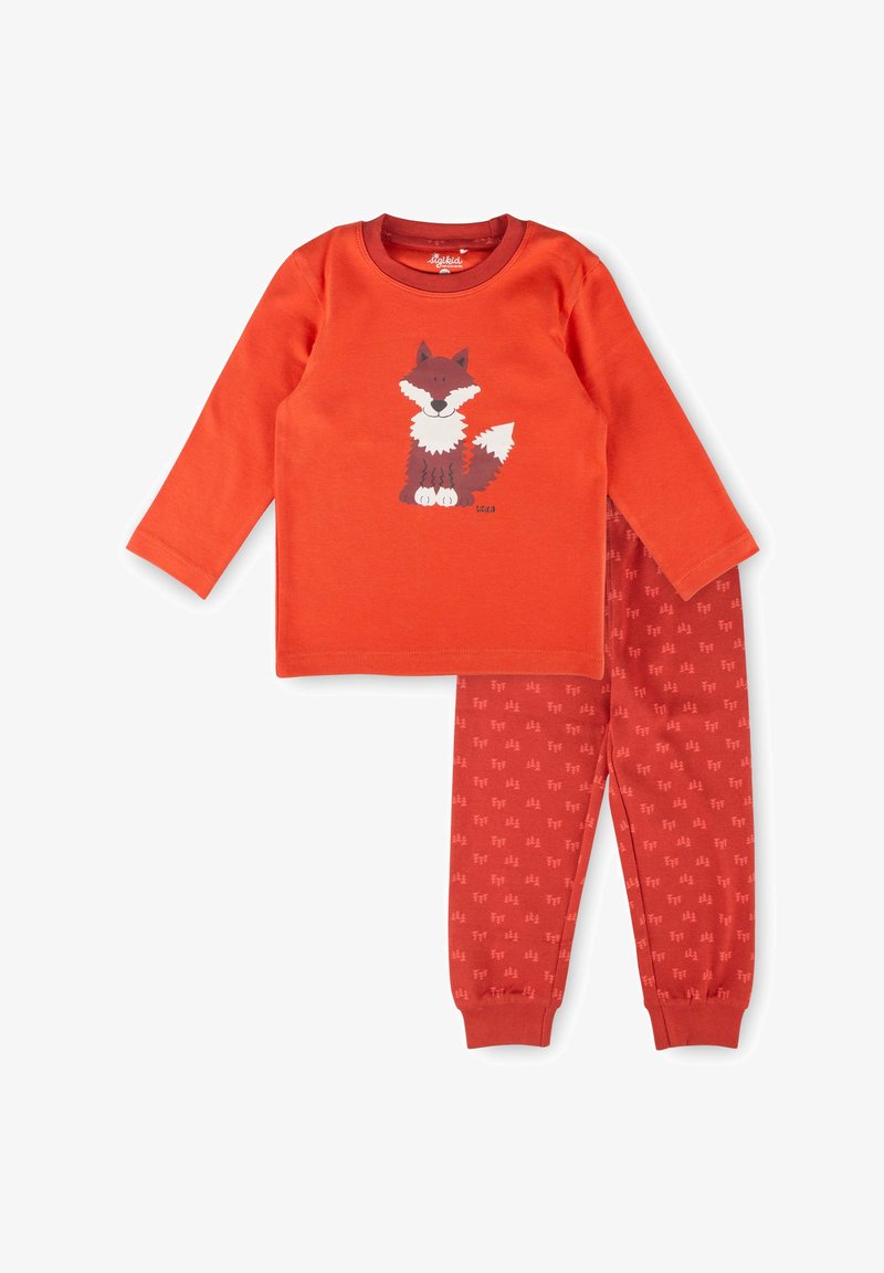 Langärmliges, oranges Oberteil für Kinder mit Fuchs-Grafik, kombiniert mit passenden orangen Hosen, die ein dezentes Waldmuster und umgeschlagene Bündchen an den Füßen aufweisen.