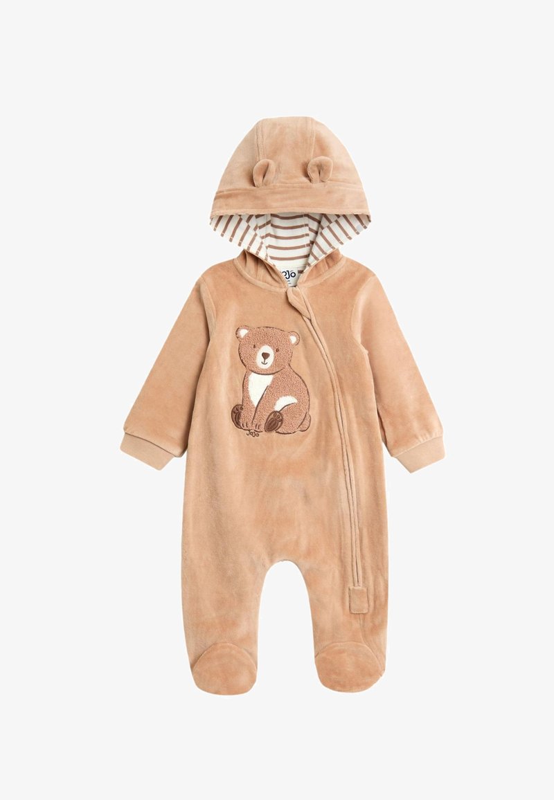 Body maro pentru bebeluși cu glugă, având urechi de urs, căptușeală interioară în dungi, picioare acoperite și o aplicație cu urs pe piept.