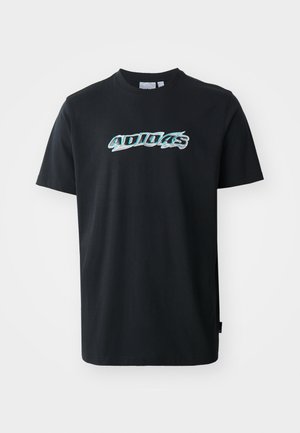 Čierne bavlnené tričko s krátkymi rukávmi, na prednej strane s lesklým, viacfarebným logom "ADIDAS". Klasický dizajn s okrúhlym výstrihom.