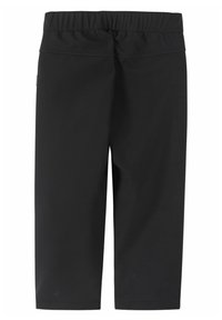 Schwarze elastische Hose mit geraden Beinen, ohne sichtbare Taschen oder Verzierungen, von hinten gezeigt.