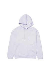 Lila hoodie met een trekkoordkap, voorzak en geribde manchetten. Zacht materiaal met een gladde textuur en zonder zichtbare patronen of logo's.