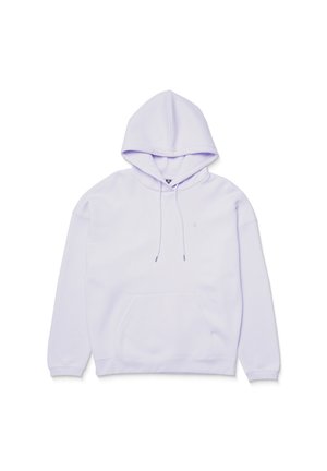 Lilac hoodie with a drawstring hood, front pocket, and ribbed cuffs. Soft fabric with a smooth texture and no visible patterns or logos.