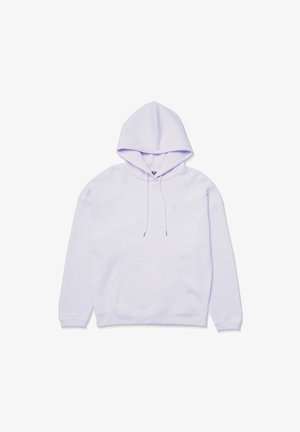 Lilac hoodie with a drawstring hood, front pocket, and ribbed cuffs. Soft fabric with a smooth texture and no visible patterns or logos.