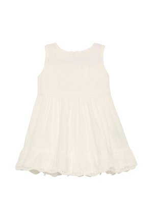 Biała bezrękawnikowa sukienka dla dziecka z okrągłym dekoltem, marszczoną spódnicą i delikatnym haftem wzdłuż dołu i gorsetu.