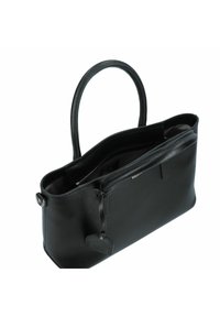 Schwarze Leder-Tasche mit strukturierter Form, glatter Oberfläche, einem äußeren Reißverschlussfach und zwei runden Griffen. Innen mit gestreiftem Futter.