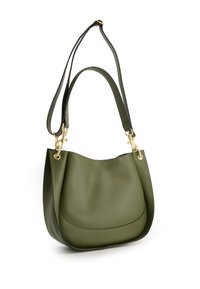 Groene leren handtas met een afgeronde vorm, enkele verstelbare schouderband, gouden hardware en een gladde textuur. Heeft stiksel langs de rand.