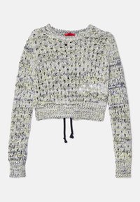 Häkelpullover in Grün und Schwarz mit Rundhalsausschnitt, langen Ärmeln und Kordelzugsaum. Die Textur ist luftig mit offenen Mustern.
